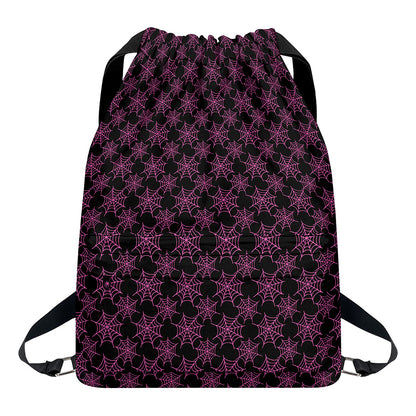 Black And Pink Spider Web Pattern Print Drawstring Backpack
