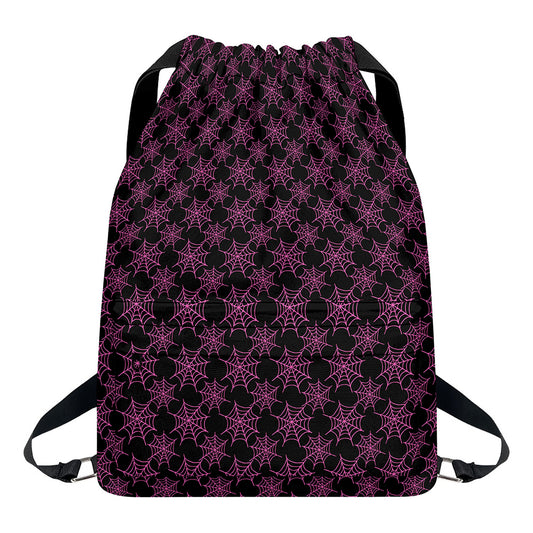 Black And Pink Spider Web Pattern Print Drawstring Backpack
