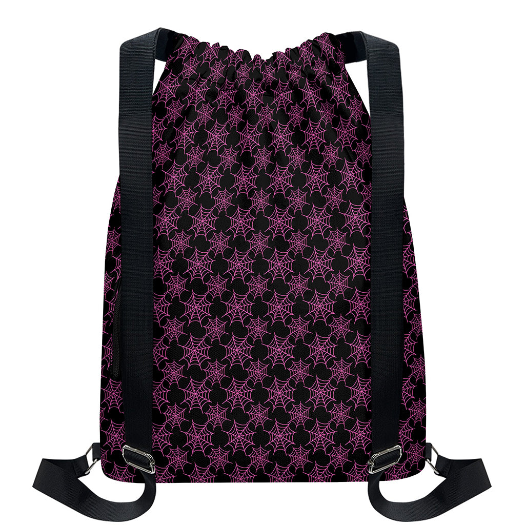 Black And Pink Spider Web Pattern Print Drawstring Backpack