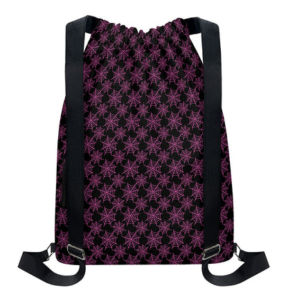 Black And Pink Spider Web Pattern Print Drawstring Backpack