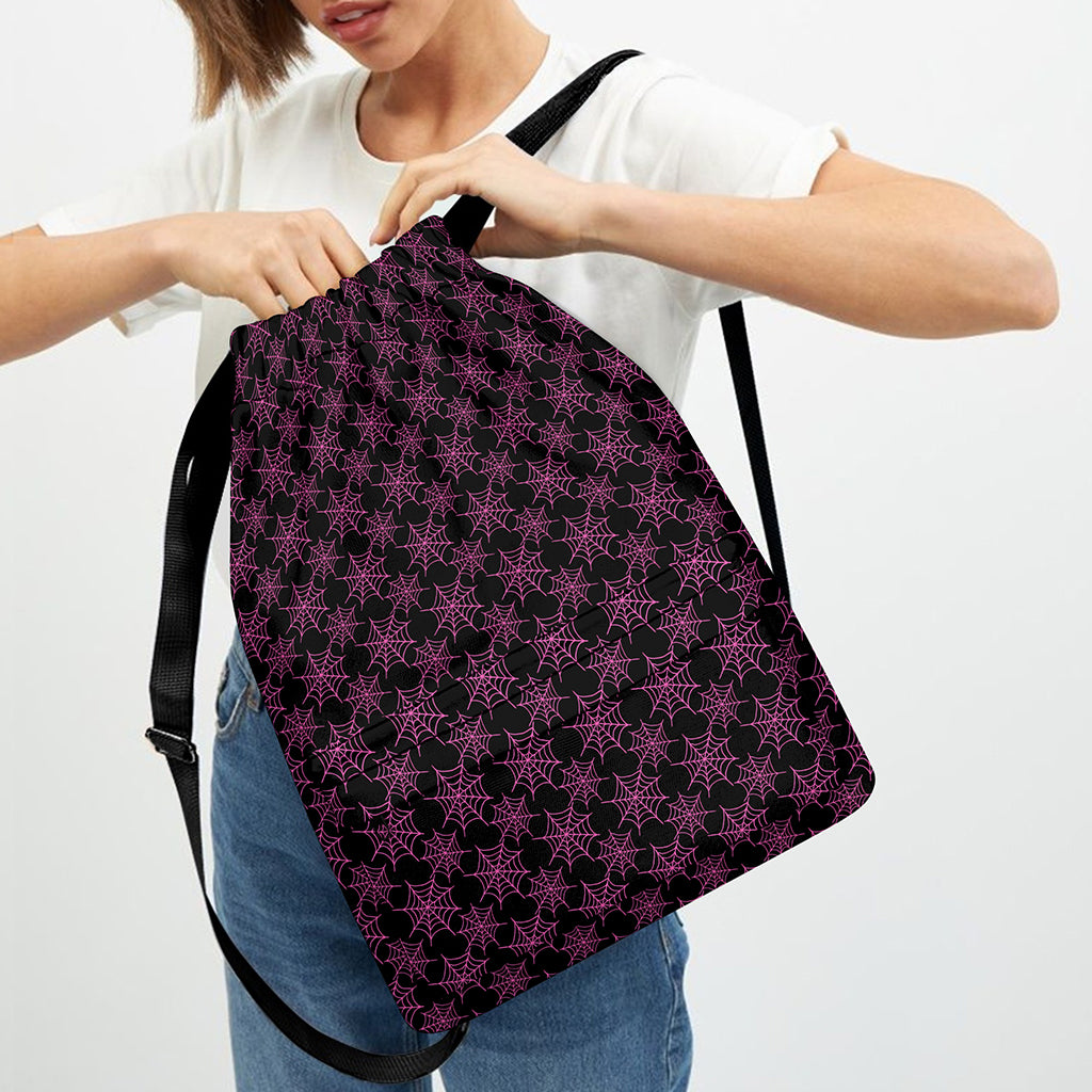 Black And Pink Spider Web Pattern Print Drawstring Backpack