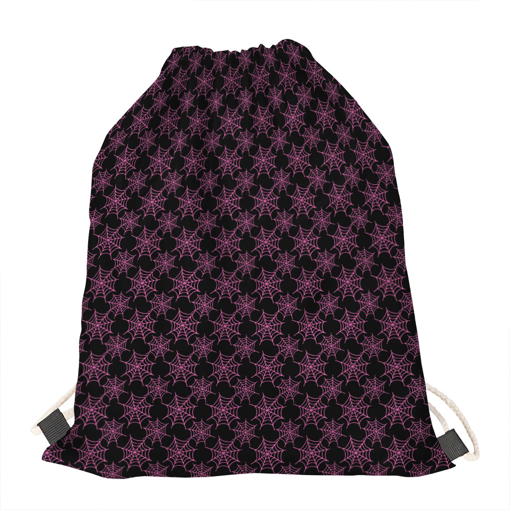 Black And Pink Spider Web Pattern Print Drawstring Bag