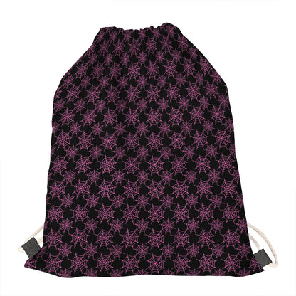 Black And Pink Spider Web Pattern Print Drawstring Bag