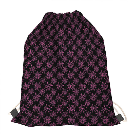 Black And Pink Spider Web Pattern Print Drawstring Bag