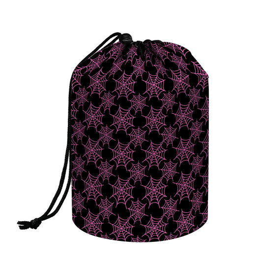 Black And Pink Spider Web Pattern Print Drawstring Makeup Bag