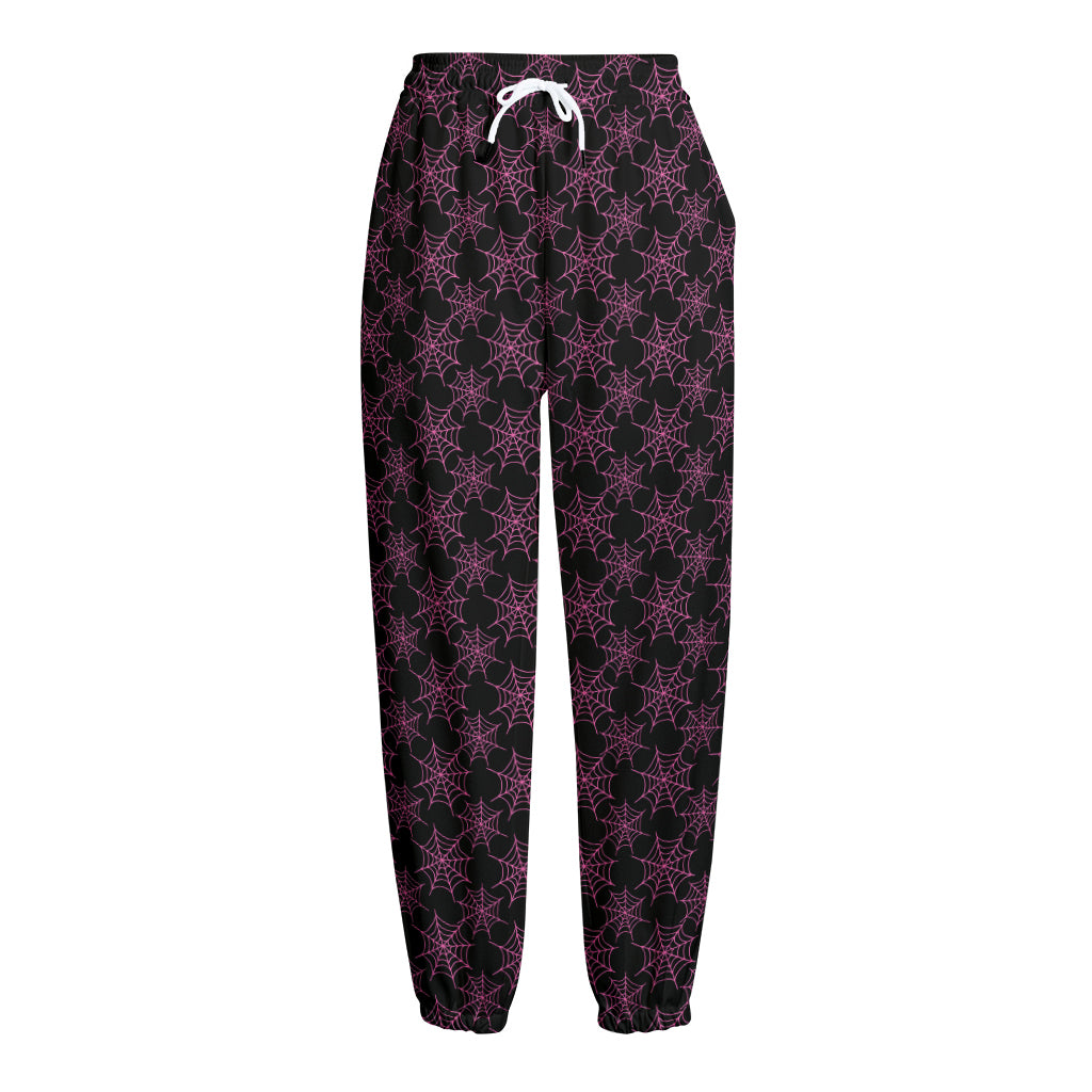 Black And Pink Spider Web Pattern Print Fleece Lined Knit Pants