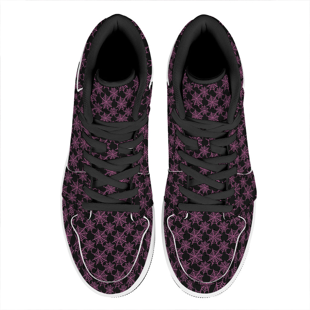 Black And Pink Spider Web Pattern Print High Top Leather Sneakers