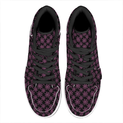 Black And Pink Spider Web Pattern Print High Top Leather Sneakers