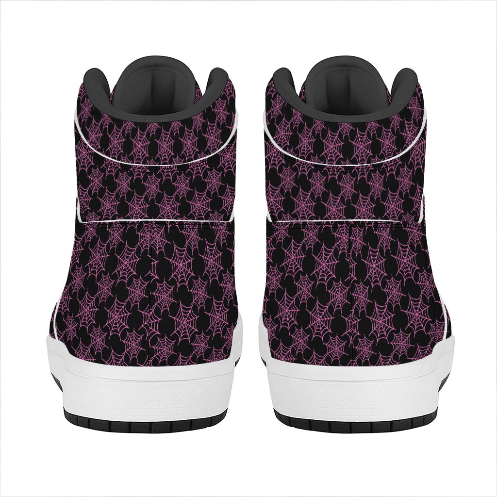 Black And Pink Spider Web Pattern Print High Top Leather Sneakers