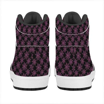 Black And Pink Spider Web Pattern Print High Top Leather Sneakers