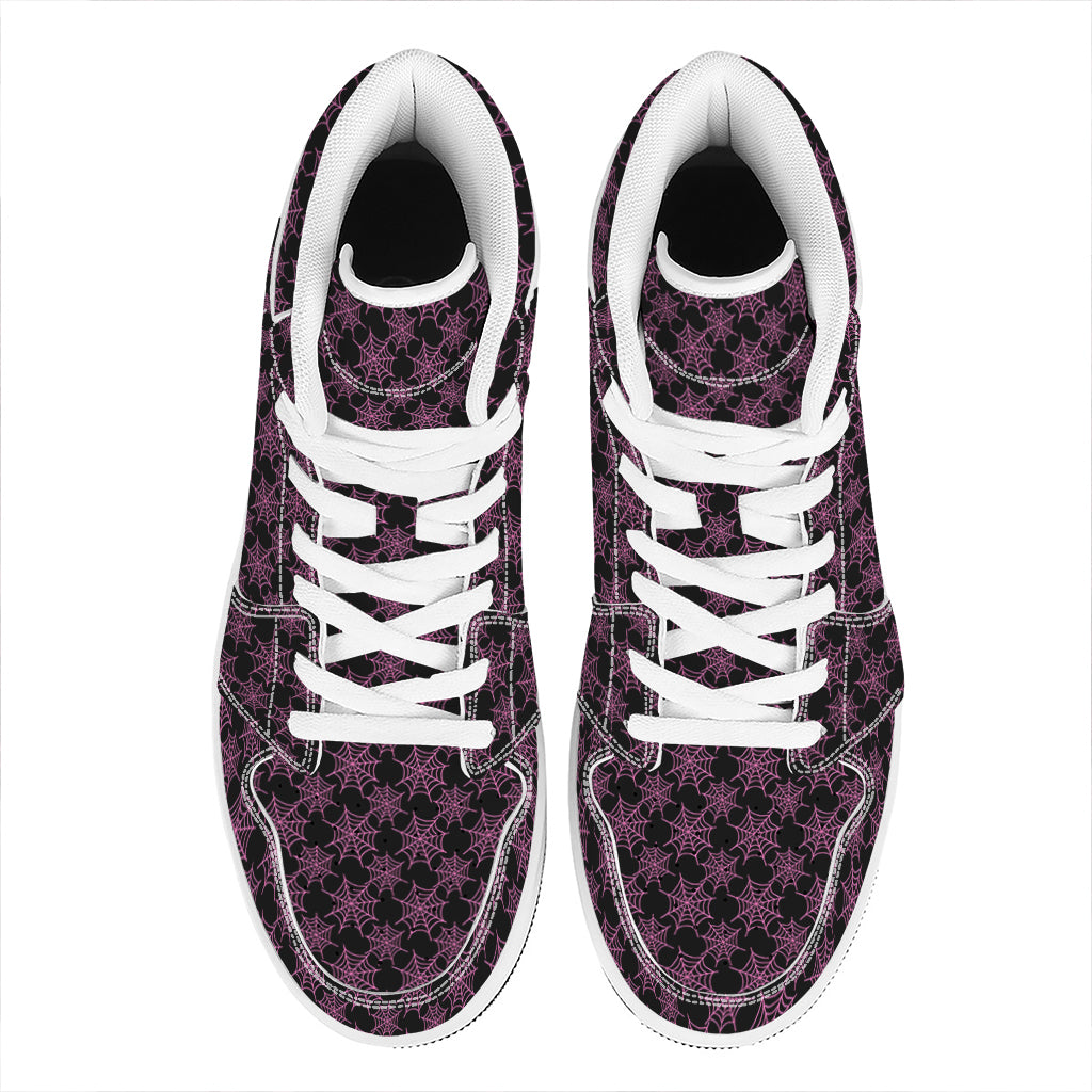 Black And Pink Spider Web Pattern Print High Top Leather Sneakers