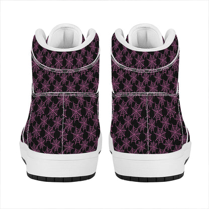 Black And Pink Spider Web Pattern Print High Top Leather Sneakers