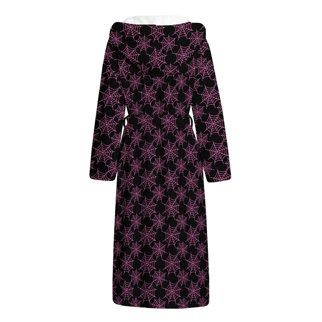 Black And Pink Spider Web Pattern Print Hooded Bathrobe