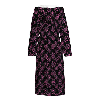 Black And Pink Spider Web Pattern Print Hooded Bathrobe