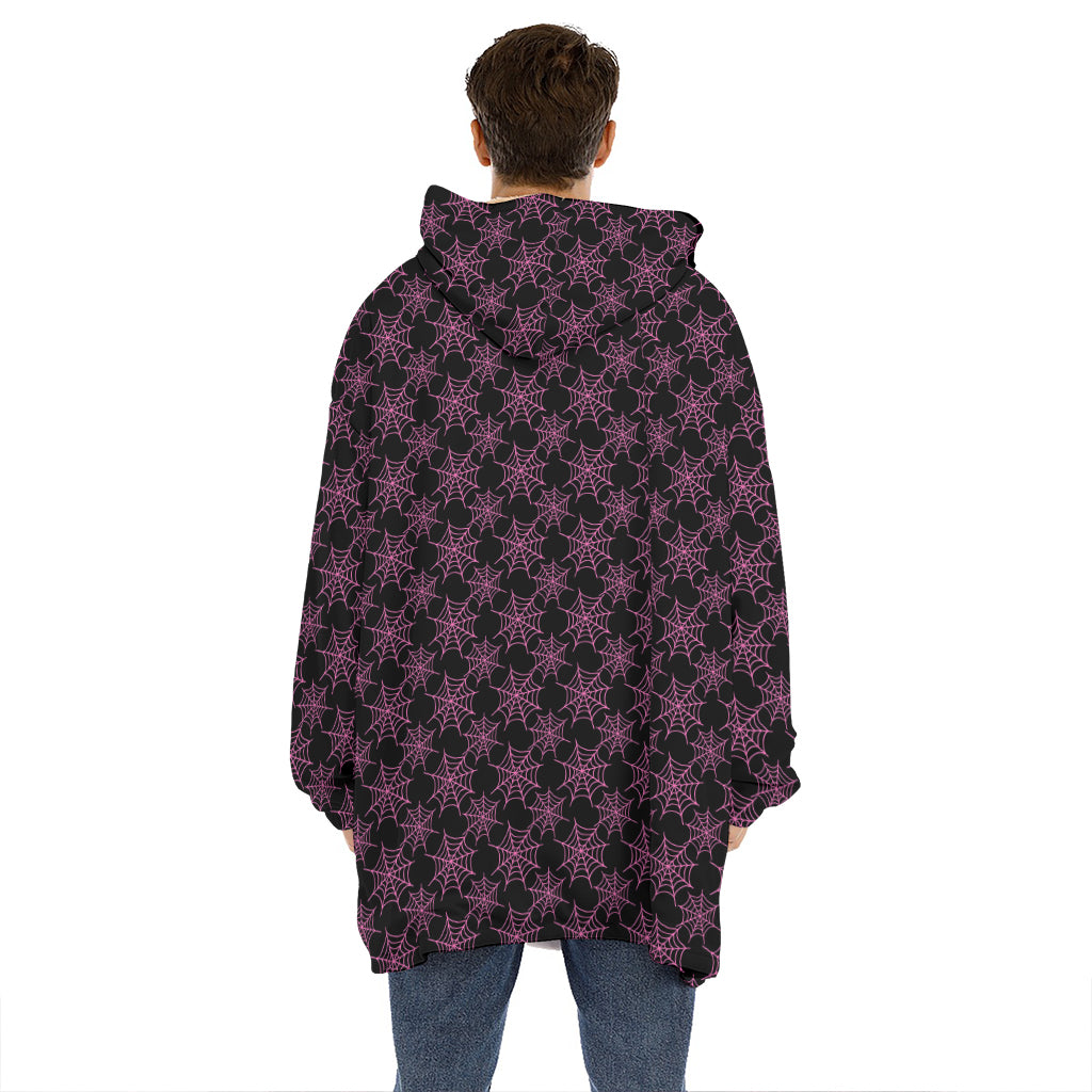 Black And Pink Spider Web Pattern Print Hoodie Blanket
