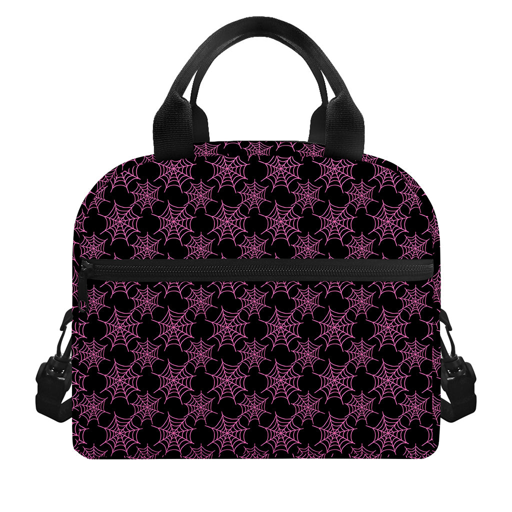 Black And Pink Spider Web Pattern Print Insulated Lunch Bag