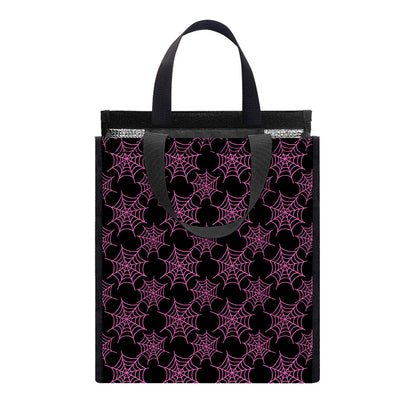 Black And Pink Spider Web Pattern Print Insulated Lunch Tote