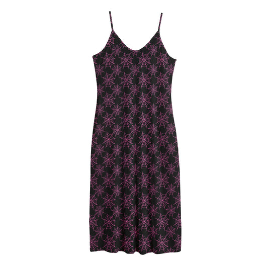 Black And Pink Spider Web Pattern Print Jersey Midi Cami Dress