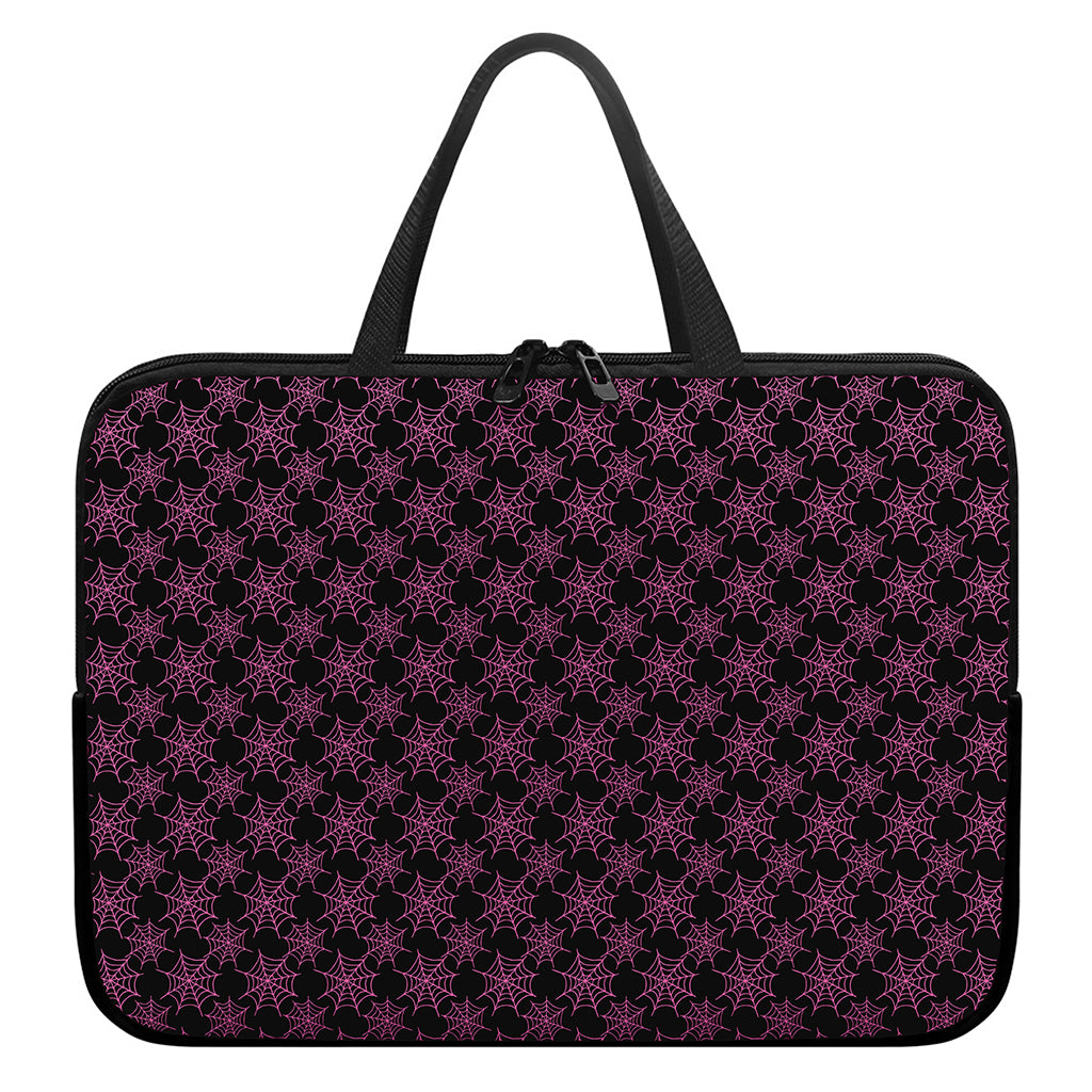 Black And Pink Spider Web Pattern Print Laptop Sleeve With Handle