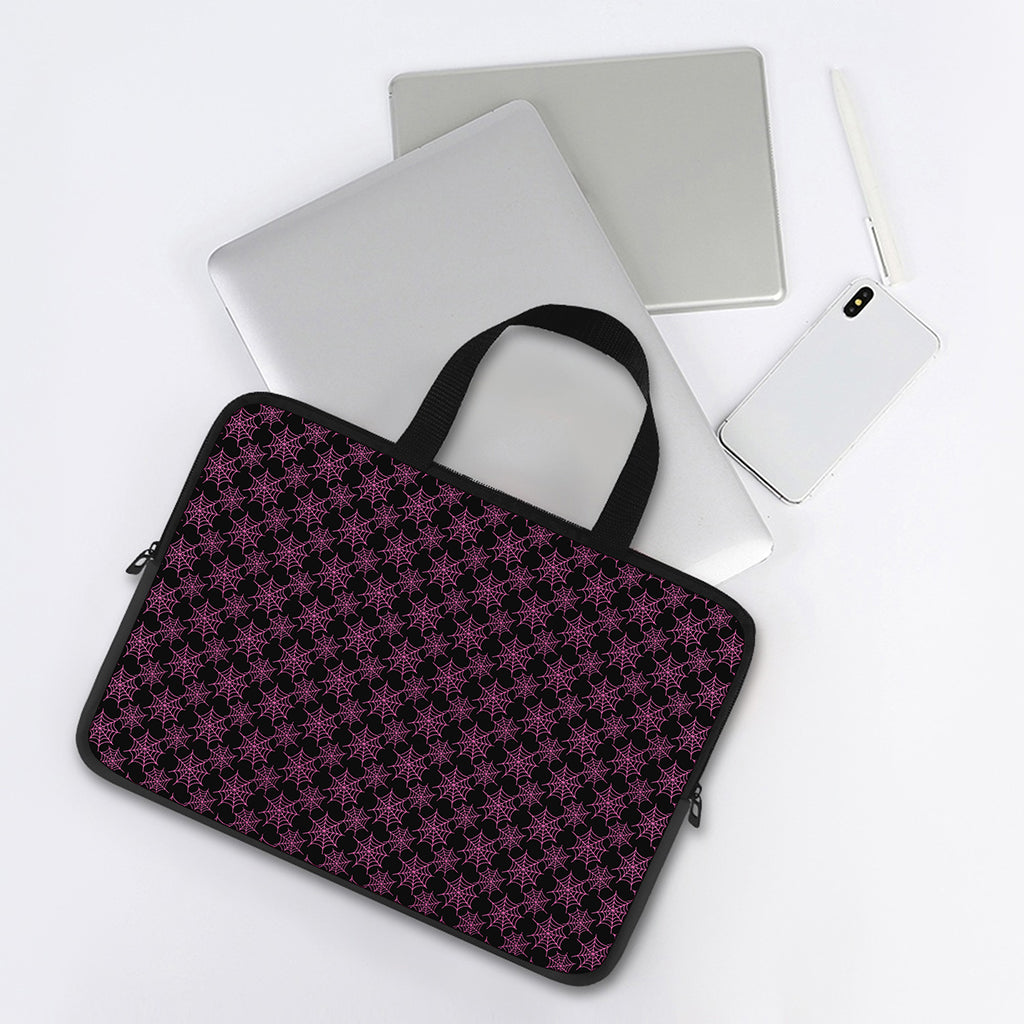 Black And Pink Spider Web Pattern Print Laptop Sleeve With Handle