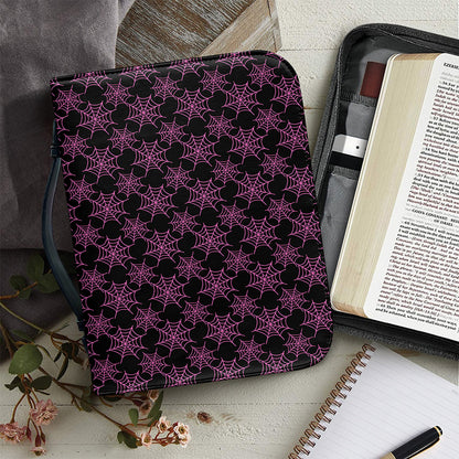 Black And Pink Spider Web Pattern Print Leather Bible Cover