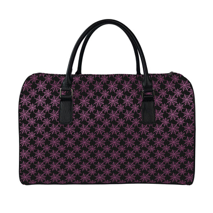Black And Pink Spider Web Pattern Print Leather Duffle Bag