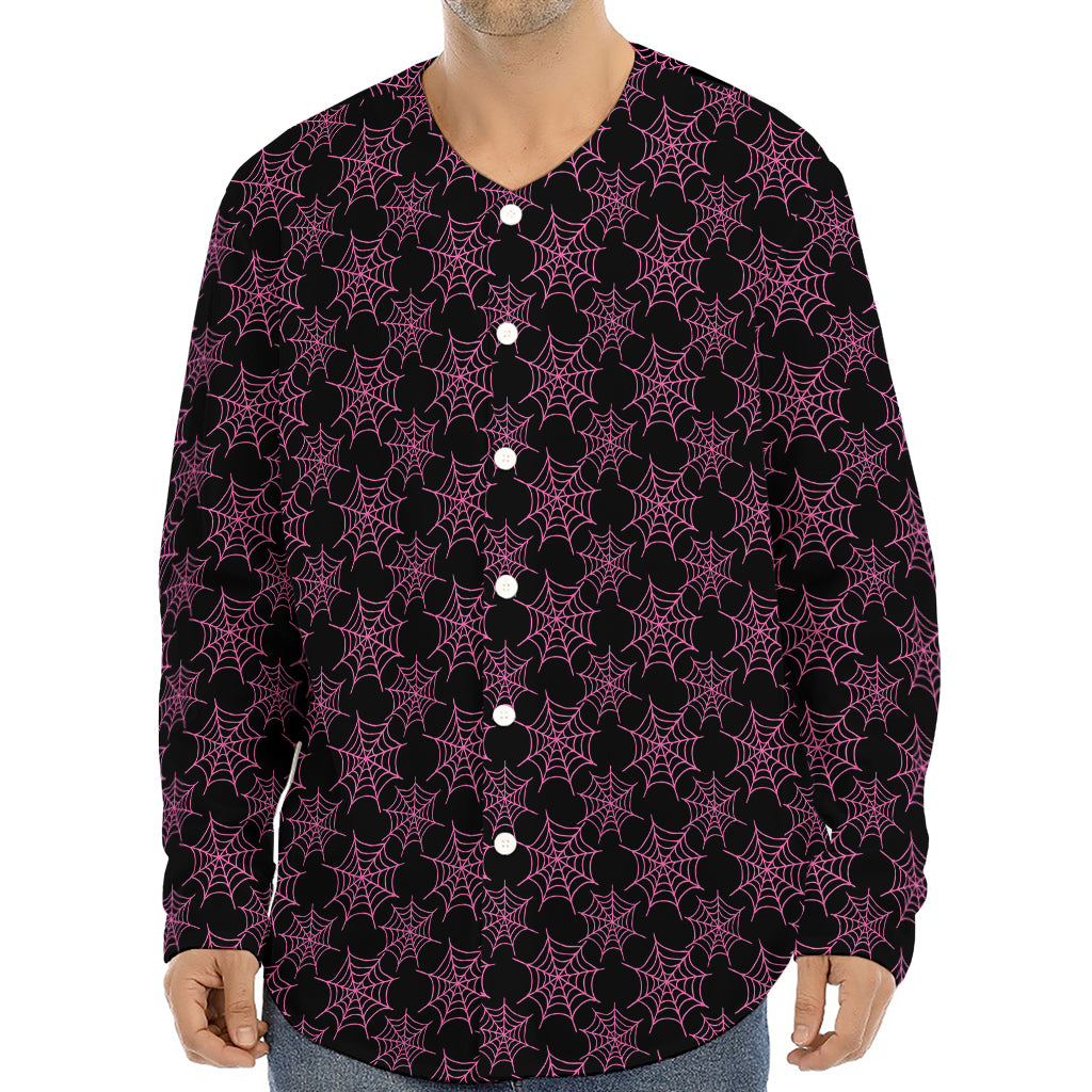 Black And Pink Spider Web Pattern Print Long Sleeve Baseball Jersey