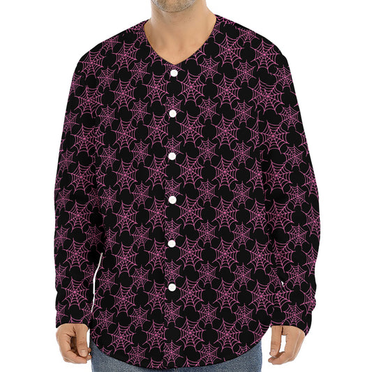 Black And Pink Spider Web Pattern Print Long Sleeve Baseball Jersey
