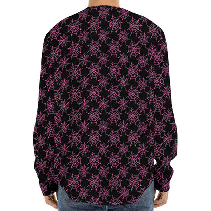 Black And Pink Spider Web Pattern Print Long Sleeve Baseball Jersey