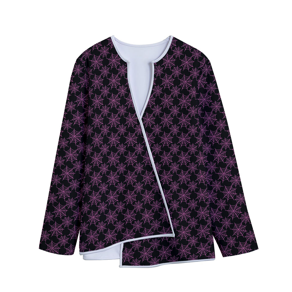 Black And Pink Spider Web Pattern Print Long Sleeve Short Coat
