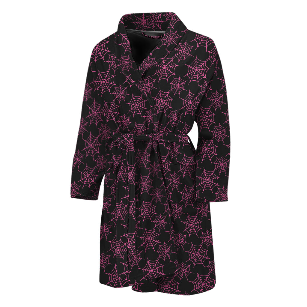 Black And Pink Spider Web Pattern Print Men's Bathrobe