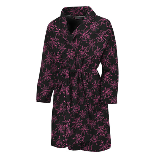 Black And Pink Spider Web Pattern Print Men's Bathrobe
