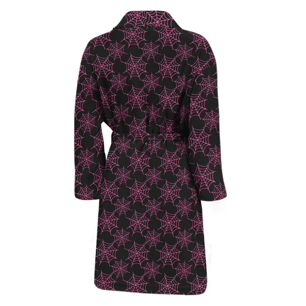 Black And Pink Spider Web Pattern Print Men's Bathrobe