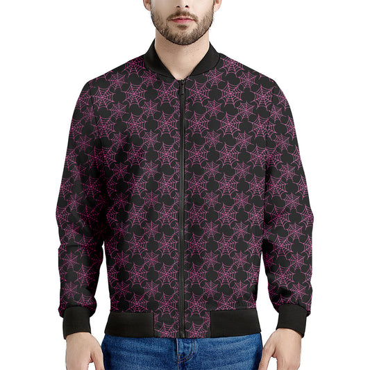 Black And Pink Spider Web Pattern Print Men's Bomber Jacket