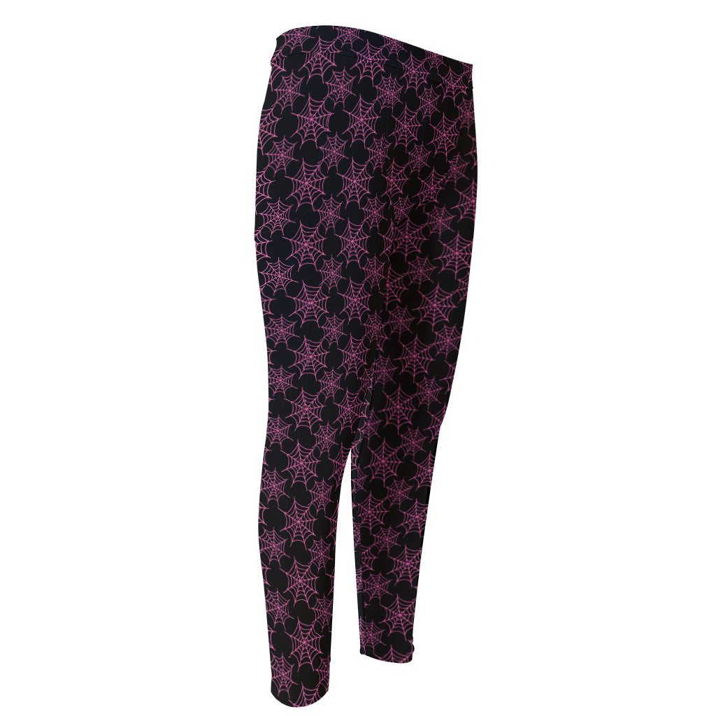 Black And Pink Spider Web Pattern Print Men's Compression Pants