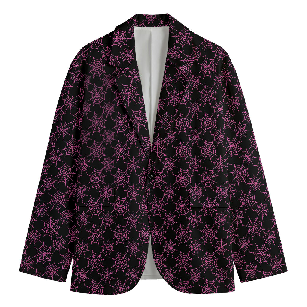 Black And Pink Spider Web Pattern Print Men's Cotton Blazer