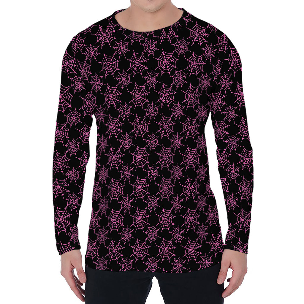 Black And Pink Spider Web Pattern Print Men's Long Sleeve T-Shirt