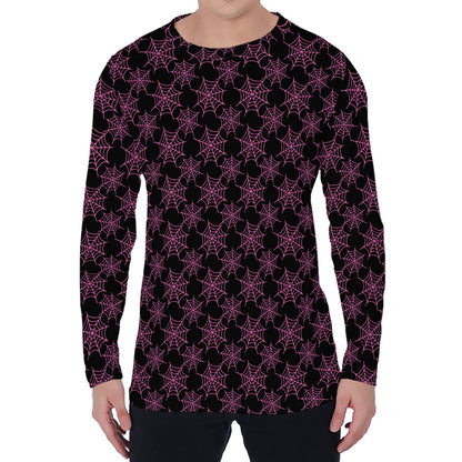 Black And Pink Spider Web Pattern Print Men's Long Sleeve T-Shirt