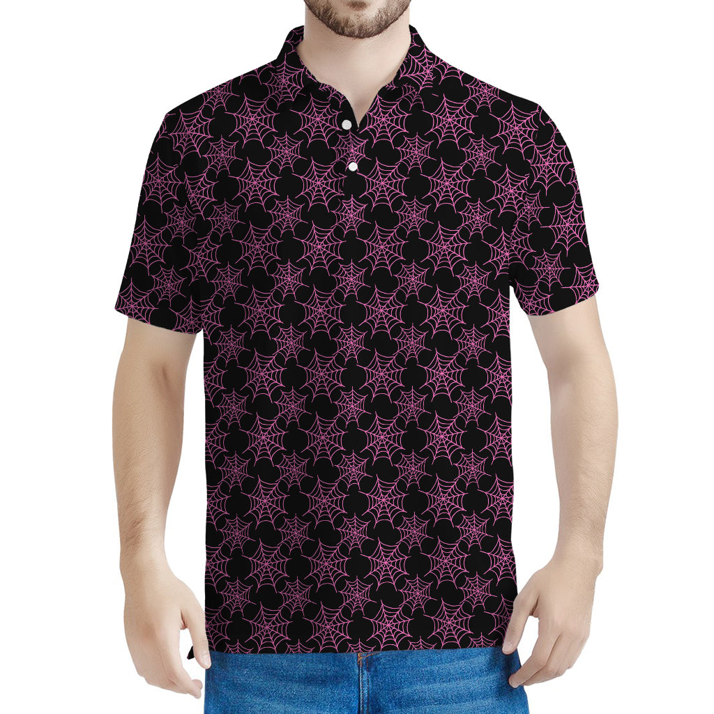 Black And Pink Spider Web Pattern Print Men's Polo Shirt