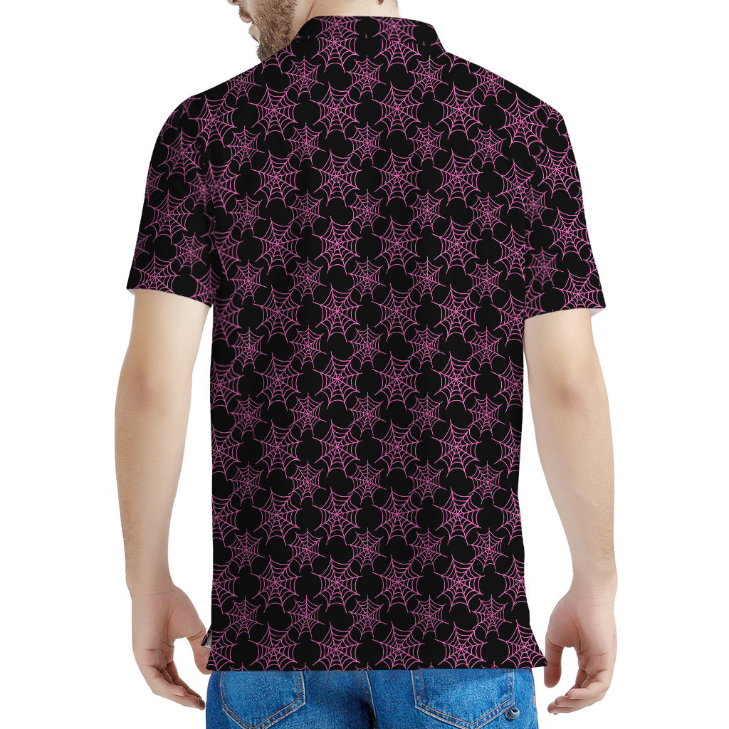 Black And Pink Spider Web Pattern Print Men's Polo Shirt