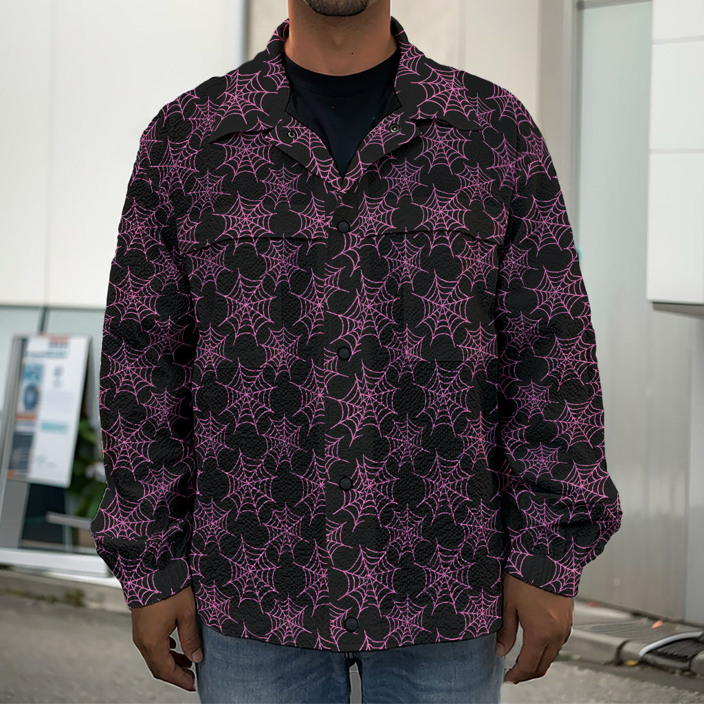 Black And Pink Spider Web Pattern Print Men's Shirt Jacket