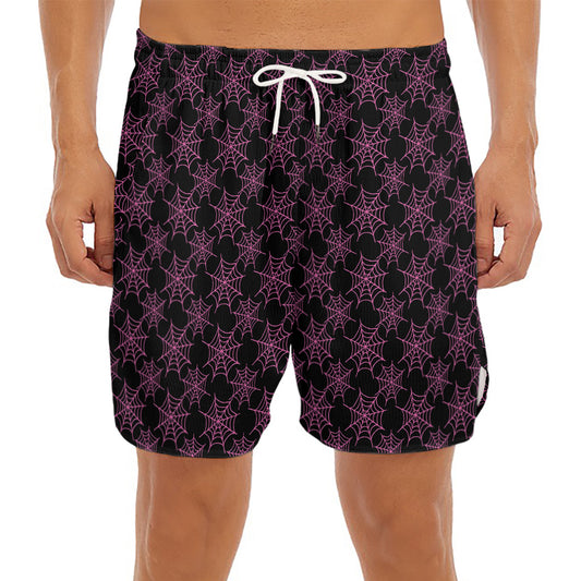 Black And Pink Spider Web Pattern Print Men's Split Running Shorts