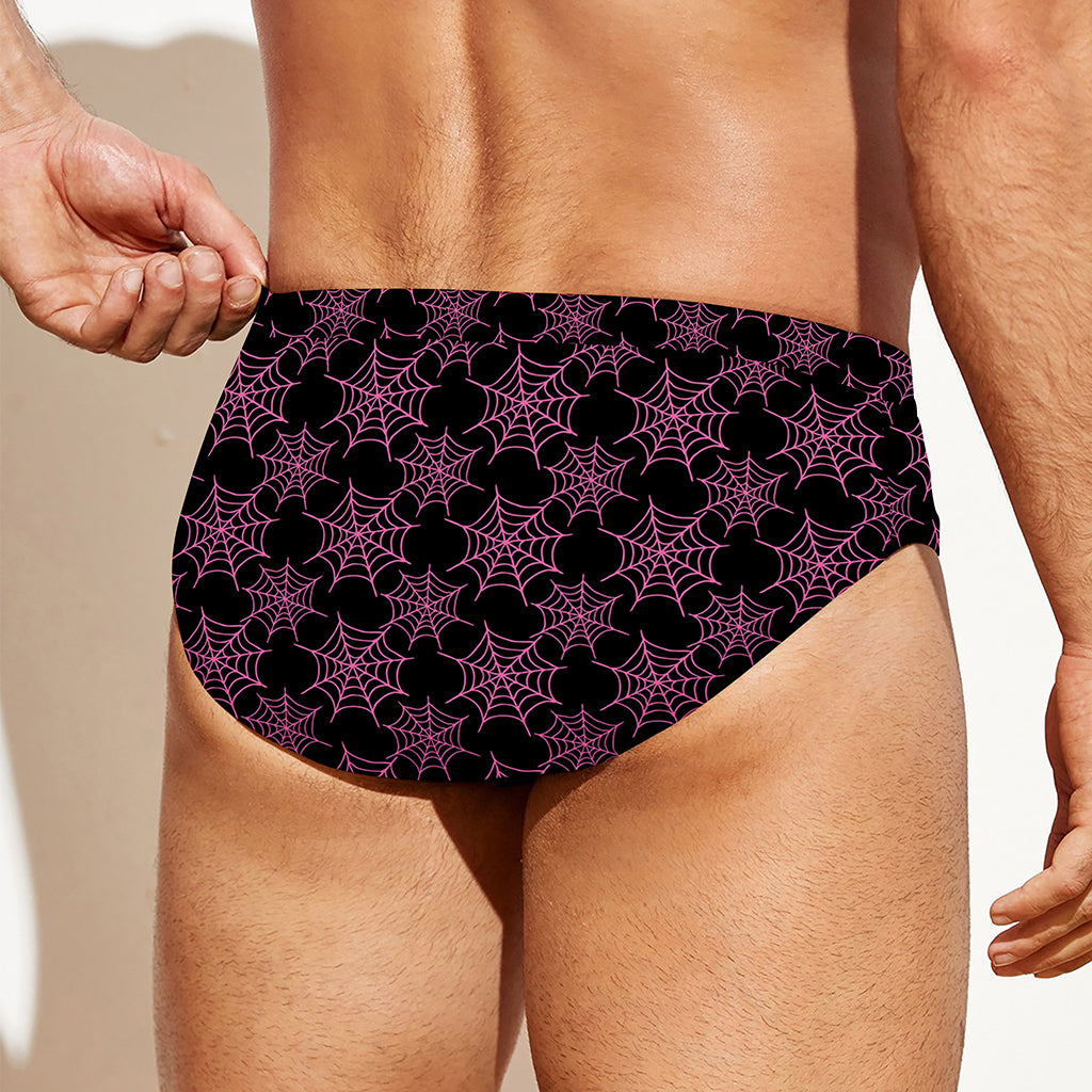 Black And Pink Spider Web Pattern Print Men's Swim Briefs