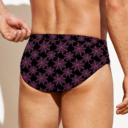Black And Pink Spider Web Pattern Print Men's Swim Briefs