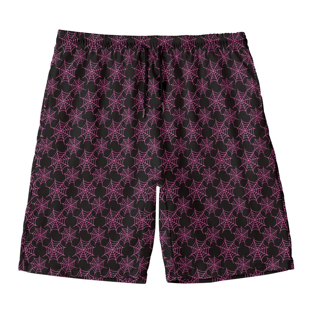 Black And Pink Spider Web Pattern Print Men's Swim Trunks