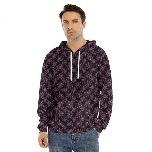 Black And Pink Spider Web Pattern Print Men's Velvet Pullover Hoodie
