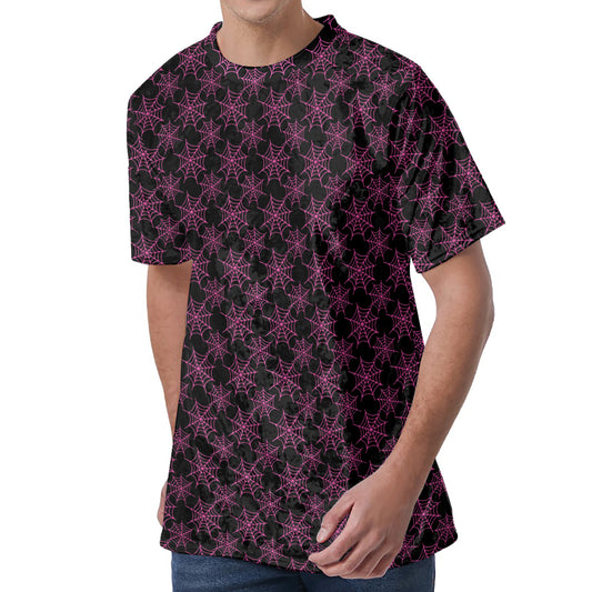 Black And Pink Spider Web Pattern Print Men's Velvet T-Shirt