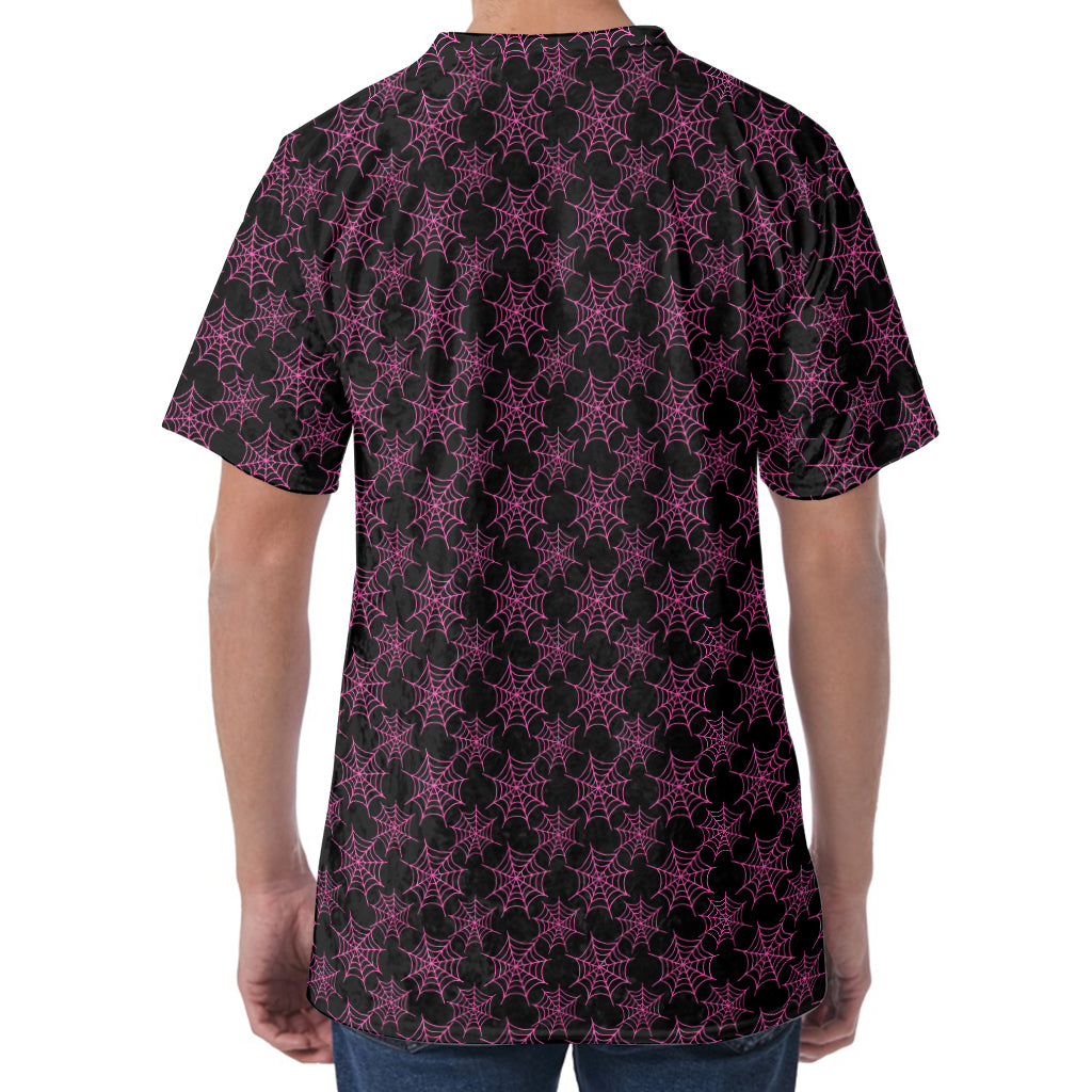 Black And Pink Spider Web Pattern Print Men's Velvet T-Shirt