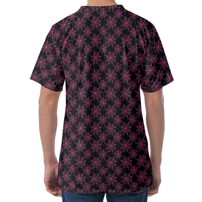 Black And Pink Spider Web Pattern Print Men's Velvet T-Shirt