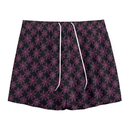 Black And Pink Spider Web Pattern Print Mesh Shorts